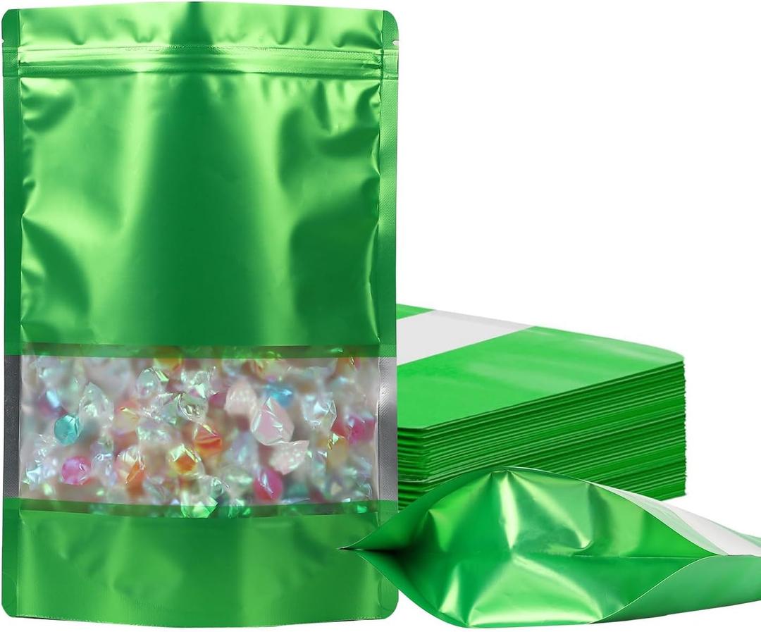 100 Pack Smell Proof Bags, Resealable Mylar Bags with Matte Window, Foil Pouch Stand-up Bags for Food Self Sealing Storage, Scratch Resistant Hand Storage Bags. (Green, 6.39.4 Inch)