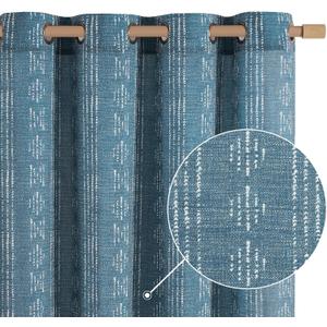 jinchan Boho Curtains Linen Blend Drapes for Living Room Farmhouse Blue 84 Inch Length for Bedroom Semi Sheer Grommet Drapes Striped Printed Mudcloth Light Filtering 2 Panels Set (50"W x 84"L (Pack of 2)
