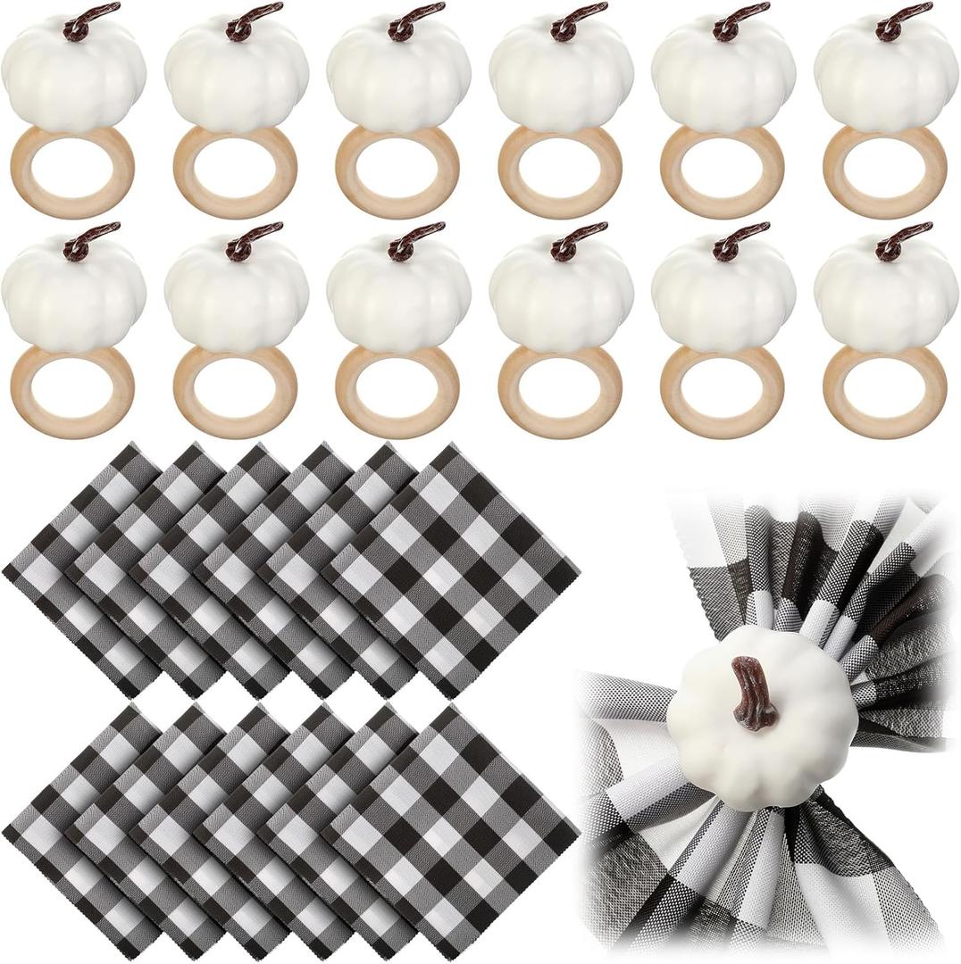 Remerry Fall Thanksgiving Napkin Rings Set of 24 Pumpkin Ring Holders with Fall Cloth Themed for Autumn Dinner Table Setting Wedding Decoration (White,Plaid)