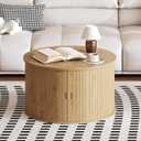 GarveeLife 28" Round Coffee Table with Storage, Mid Century Modern Fluted Accent Table with Sliding Tambour Door for Living Room, Oak
