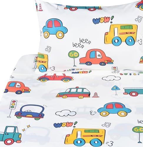 J-pinno Cars Buses Trucks Transport Vehicle Cute Twin 100% Cotton 3 Pieces Sheet Set for Kids Girls Children, Flat Sheet + Fitted Sheet + Pillowcase Bedding Decoration Gift Set
