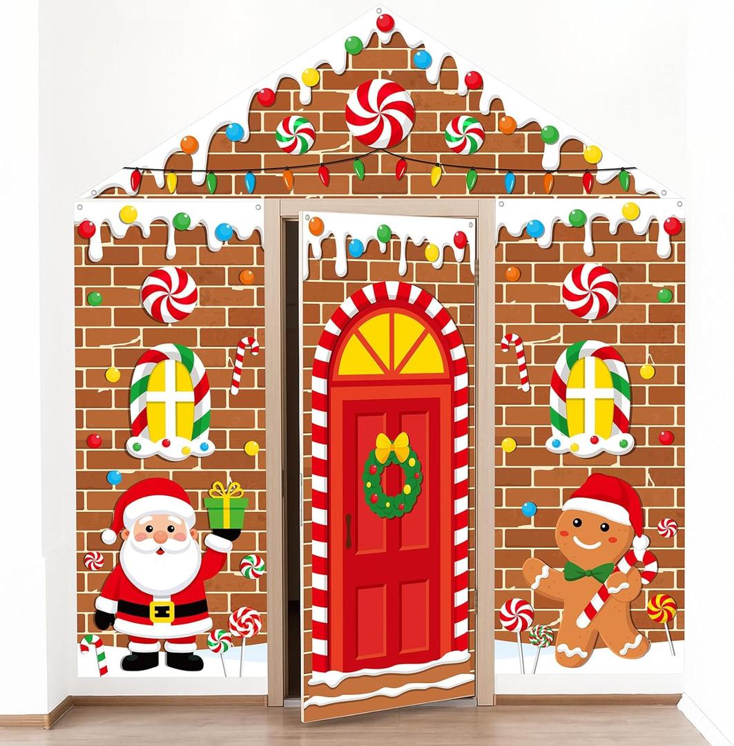 HunnmingRe 4 Pcs 98 Inch Christmas Gingerbread Door Cover Decoration Xmas Gingerbread House Peppermint Candy Door Banner Hanging Backdrop for Holiday Classroom Photography Photo Background Party Decor