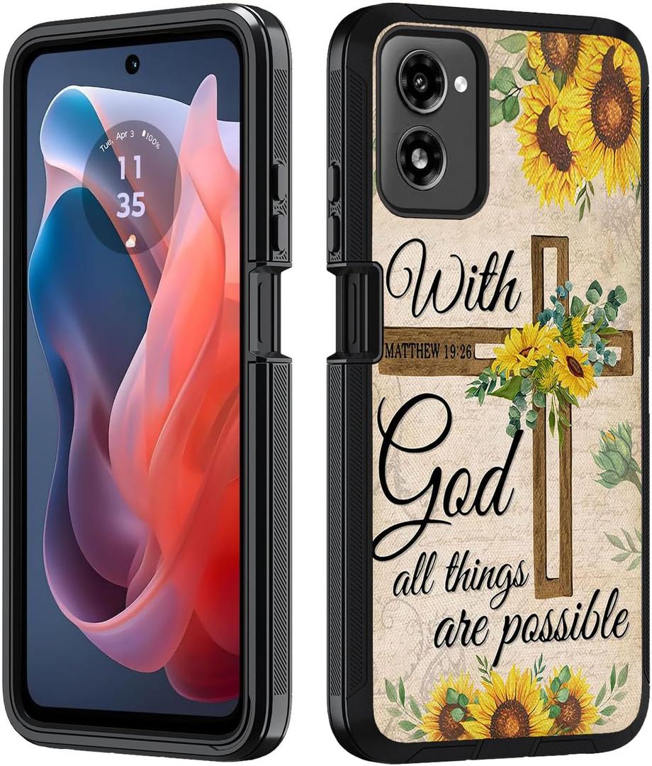 for Motorola Moto G Power 5G 2024 Case,Heavy Duty 3 in 1 Hybrid Hard PC & Soft Silicone Shockproof Protection Case for Moto G Power 5G 2024,Christian Cross Quote Bible Verse Matthew 19:26