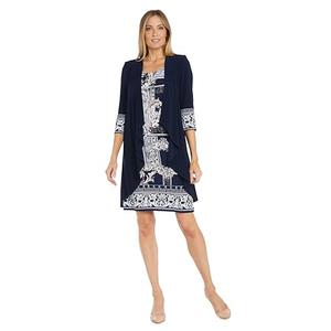 R&M Richards Women's 2-Piece Puff Printed Tank Dress & Solid Flyaway Jacket | Formal Daytime Evening Ensemble Navy/White 6