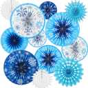 12 Pcs Winter Snowflakes Decorations Snowflake Hanging Paper Fans Blue and White Snowflakes Paper Hanging Decorations Winter Ceiling Wall Home Decor for Wonderland Party Decor(Round)