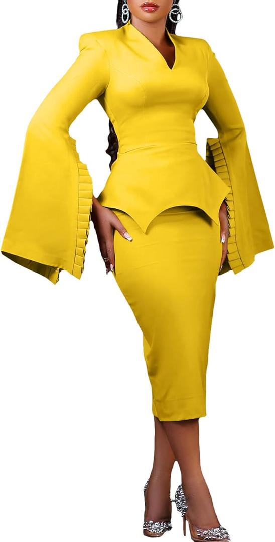Voghtic Women Peplum Bodycon Pencil Dress Business Office Wear to Work Sheath Dress v Neck Ruffle Sleeve Church Dresses (Large, Yellow)