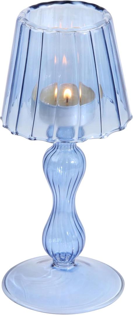 Candelabro de cristal con forma de lmpara de escritorio, candelabro de cristal para huracanes, soporte decorativo de vela para mesa, boda, comedor, centros de mesa, suministros de fiesta, (Azul marino)