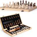 15" Wooden Chess Set | Folding Board, 2 Extra Queens | Magnetic Chess Board Set for Adults & Kids, Pieces Storage Slots Checkers Game for Kids Portable Travel Chess Game for Beginner