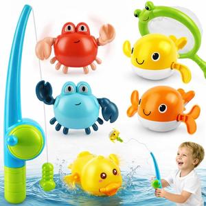 TOY Life Bath Toys for Kids Ages 1-3, Magnetic Fishing Game with Mold Free Wind Up Bath Toys for Toddlers 1-3 & Toy Fishing Pole & Fishing Net, Water Table Pool Fun Bathtub Toys for Baby Infant (Duck Whales Crabs)