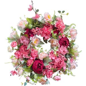 18 Inch Spring Wreaths for Front Door, Artificial Peony & Hydrangea Floral Front Door Wreath Outside Pink Floral Door Wreaths for Front Door Outside with Grapevine, Decorative Handmade (Pink)