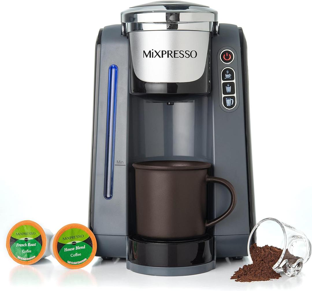 Mixpresso Single Serve K-Cup Coffee Maker With 4 Brew Sizes for 1.0 & 2.0 K-Cup Pods, Removable 45oz Water Tank, Quick Brewing with Auto Shut-Off, Rapid Brew Technology Gray Coffee Maker (Dark Grey)