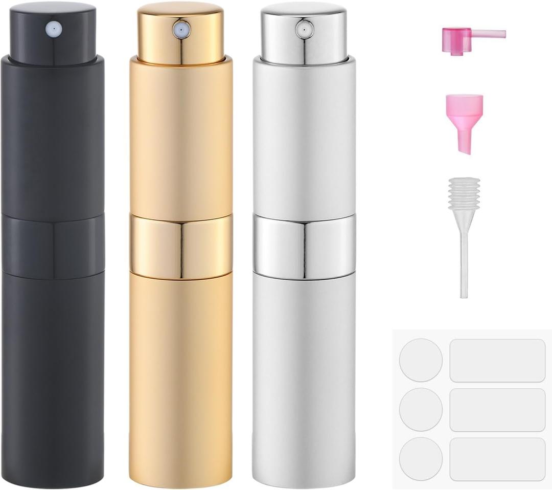 Fusupak Perfume Atomizer Travel Bottle Refillable: Cologne Sprayer Portable for Men - Mini Spray Empty for Refill - 8ml Small Size Gold (Black,gold,silver)