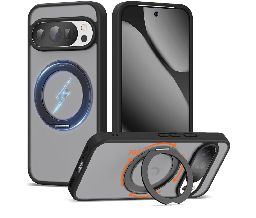 Compatible with Google Pixel 10/Pixel 10 Pro Case with 360° Magnetic Ring Stand [Compatible with Mag-Safe] Shockproof Translucent Phone Case 6.3" for Women Men, Black