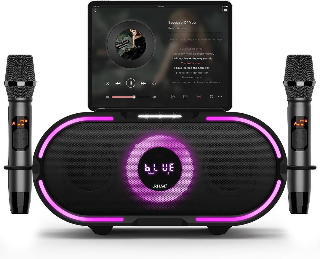 RHM K666PLUS Karaoke Machine with 2 Wireless Mics & Beat-Sync LED Lights, 60W Rich Stereo Sound, Voice Beautifier, 7 Hours Playtime, Bluetooth/AUX/USB/PC Connection, for Indoor & Outdoor Parties
