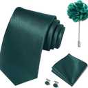 2 x Solid Color Ties Set Men Handkerchief Cufflinks Brooch 3.15 inches Classic Formal Necktie Pocket Square Set (Green)