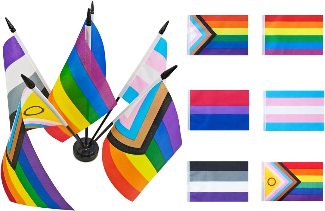 2 x Rainbow Pride Deluxe Desk Flag Set -6 Branch Miniature Gay LGBT Flag Desk Set Table Black Base and Spear Top-Desktop Decorations