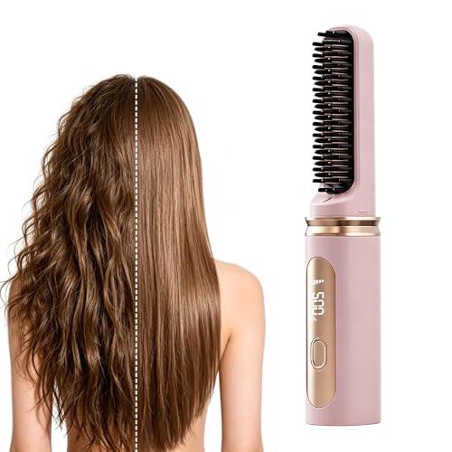 Spwejsr Cordless Straightening Brush, Mini Portable Fast Heating Hair Straightener Brush with Display & 4 Temp Settings, Long Battery Life Ionic Styling Comb for Travel Daily Use (Pink)