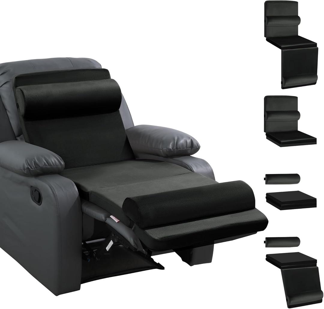 HOMBYS 5-in-1 Recliner Seat Cushion for Elderly+Lumbar Support Pillow + Leg Pad, with Adjustable Half Moon Neck Pillow & Footrest, Foam Filling with Velvet Fabric, Thick & Non-Slip, Black