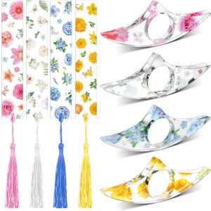 8 Pieces Flower Acrylic Bookmarks Book Page Holder Floral Bookmarks with Colorful Tassels Thumb Ring Transparent Page Holders for Reading Teachers Book Lovers Women(Clear)