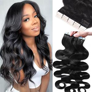 Wavy Natural Black Human Hair Extensions for Black Women - 18 Inch Body Wave PU Tape in Double Sided Skin Weft - 50g 20pcs Invisible Remy Hair