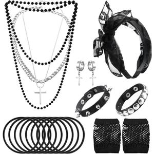 80s Costume Accessories for Women, Punk Fancy Dress Party Kit with Lace Headband Earrings Fishnet Gloves Necklace Bracelet for 80's Retro Themed (Black)