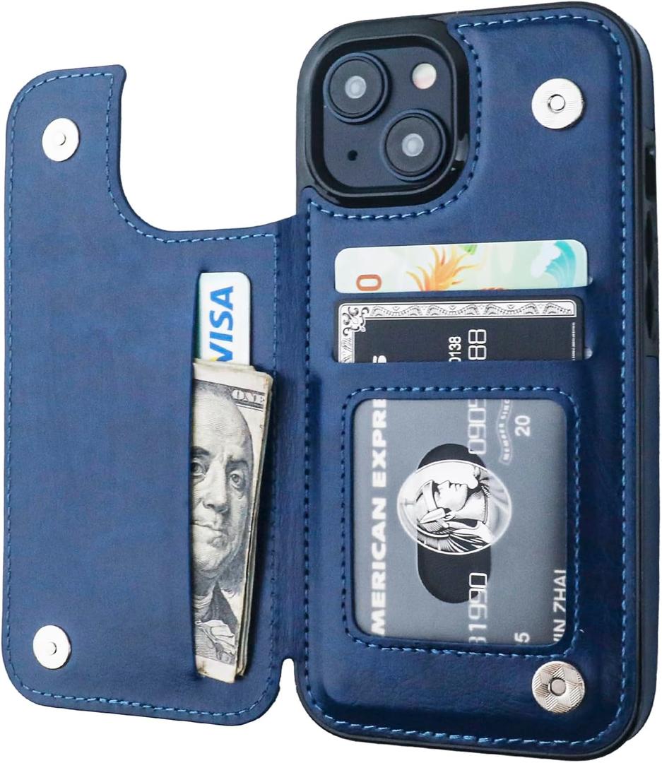ONETOP Compatible with iPhone 15 Wallet Case with Card Holder, PU Leather Kickstand Card Slots Case, Double Magnetic Clasp and Durable Shockproof Cover 6.1 Inch (Blue)