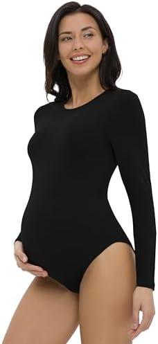 V VOCNI Maternity Bodysuit Crew Neck Long Sleeve Maternity Shirt Tops Jumpsuit Romper Pregnancy Shapewear Body Suit S