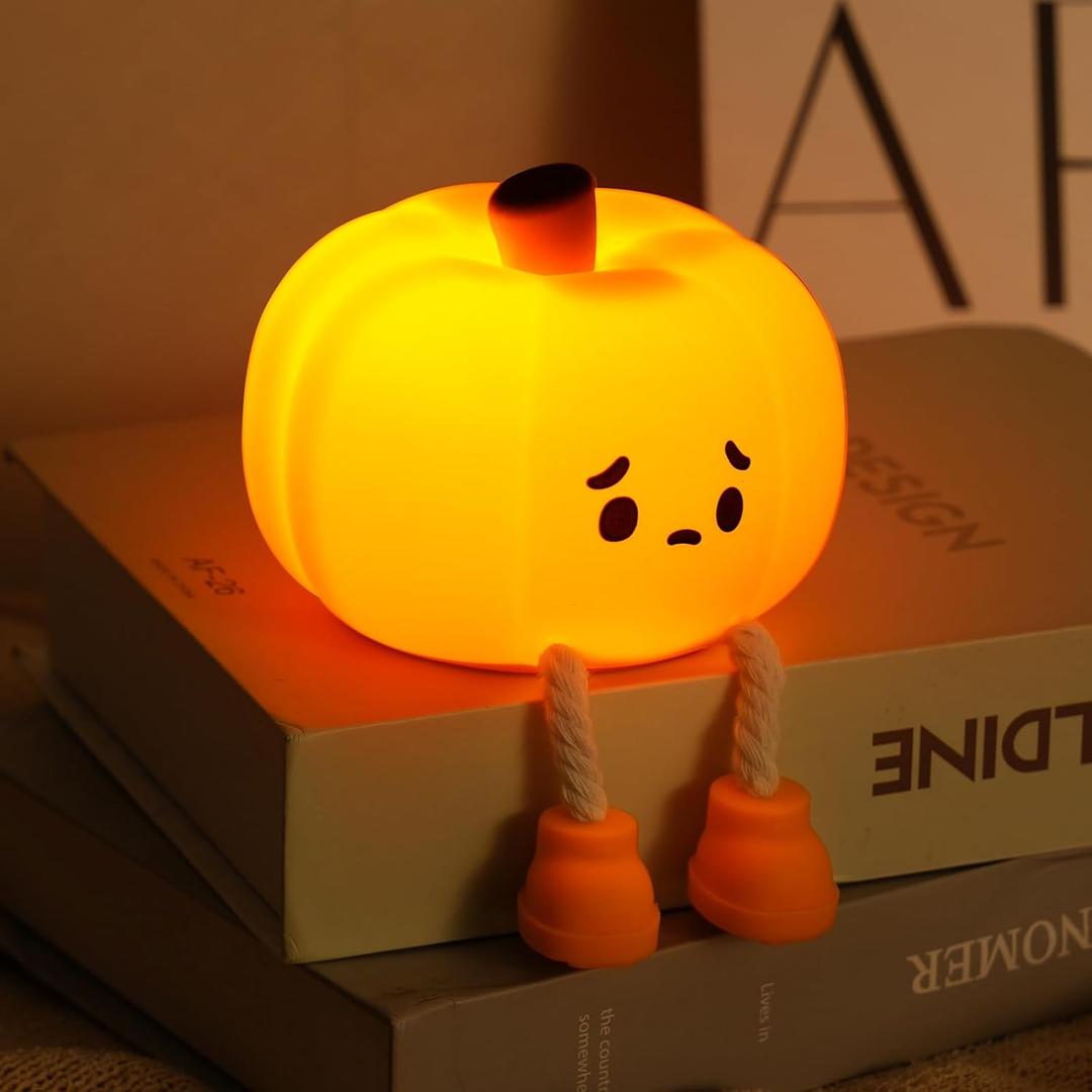 Pumpkin Night Light for Kids, Halloween Jack O Lantern Decor for Kids, Baby Nursery Toddler Squishy Pumpkin Lights, Cordless Rechargeable Dimmable Silicone Bedside Lamp Halloween Gifts