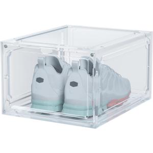 1 Pack Shoe Boxes Clear Plastic Stackable, Sneaker Containers Magnetic Shoes Storage Box Foldable Drop Front Organizer Shoes Cases for Home Display Bins Fit up to Size 14 (14.2"x 11"x 7.9")