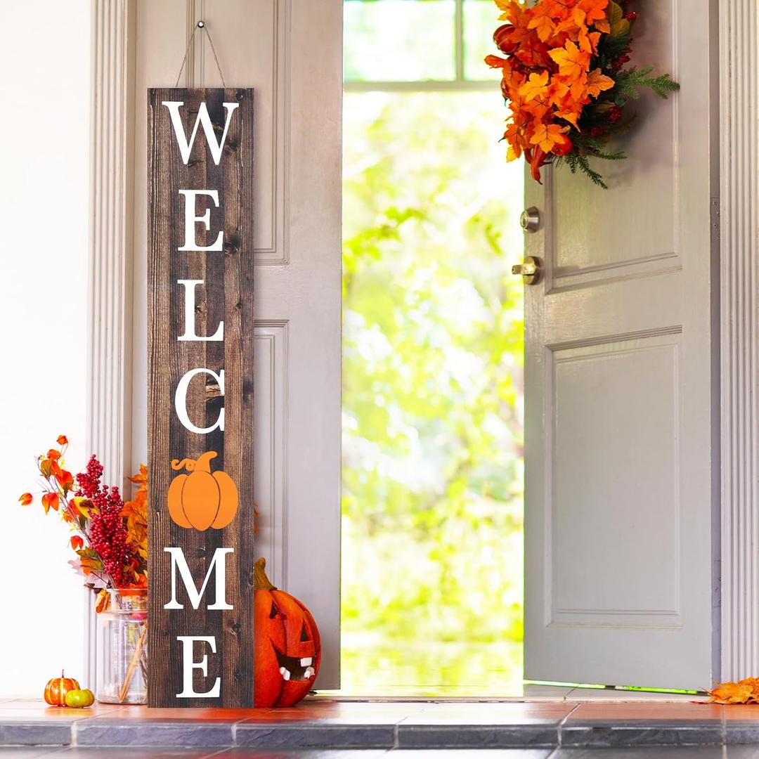 Leveeno Fall Porch Welcome Decor Outdoor Pumpkins Wooden Sign Autumn Vertical Hanging Decorations Home Front Door Outside Yard 48x8 Inch