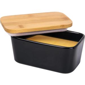 Butter Dish with Lid, Porcelain Keeper with Wood Lid Cover for Butter, Microwave Safe Easy Clean Butter Storage Container for Countertop and Refrigerator (Black 10oz)