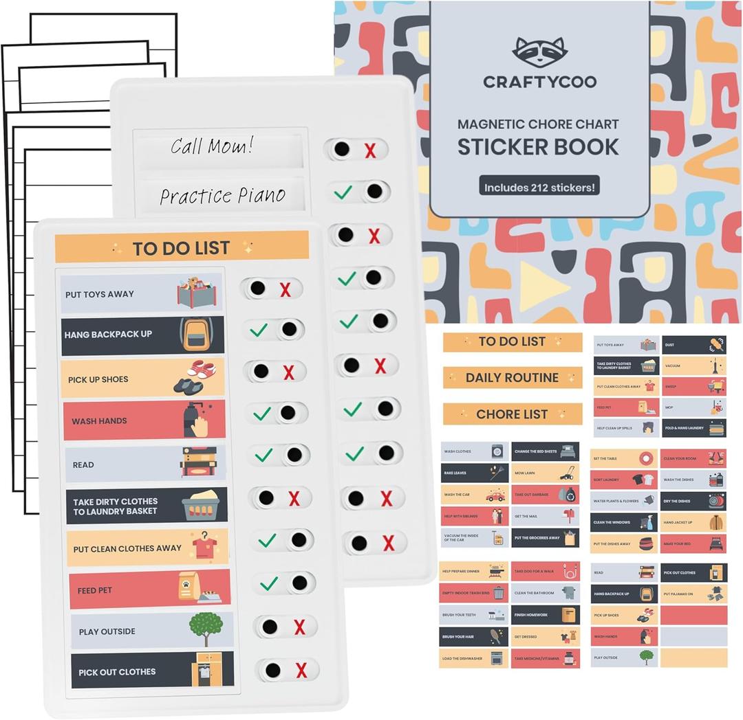 Magnetic Checklist Chore Board with Chore Sticker Book, Chores Chart for Kids, Set of 2 Magnetic Customizable Chore Charts with Insert Paper and 212 Stickers, Chore Chart for Multiple Kids