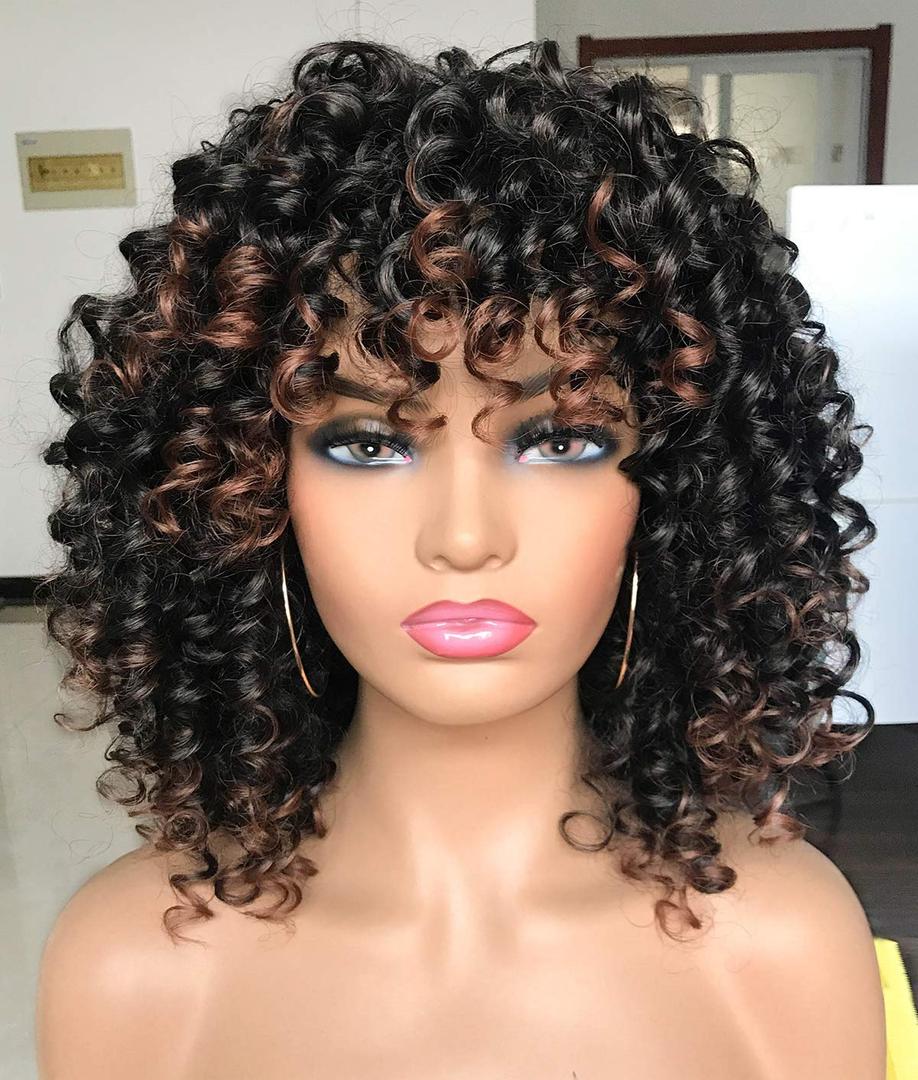 Curly Afro Wigs for Black Women Kinky Curly Wig with Bangs Synthetic Fiber Natural Looking Glueless Hair for Daily Wear
