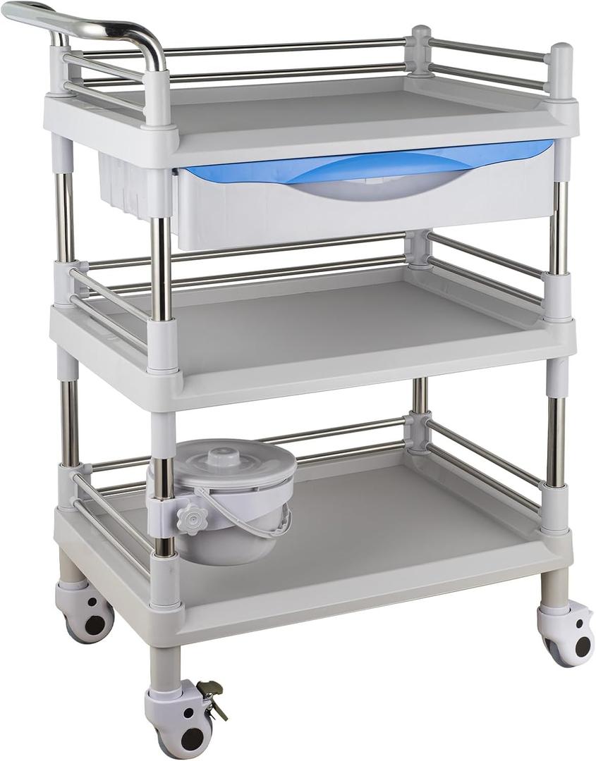 Rolling Utility Cart,Qiwey Medical Utility Cart with Big Drawer,3-Tier Esthetician Cart with Wheels Steel Plastic for Beauty Salon SPA Commercial Hospital Office Lab Cart White (3-Tier-Drawers Medium)