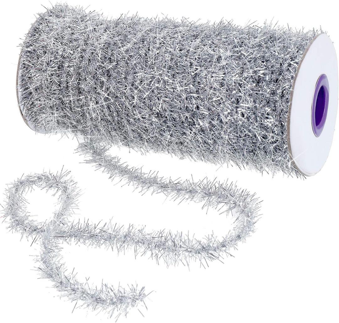 eBoot Christmas Tinsel Garland 147.6 Ft/ 50 Yard Thin Glitter Metallic Gift Wrapping Twist Tinsel Garland Decoration for Holiday Christmas Tree Birthday Party Wedding Gift Decorations(Silver)