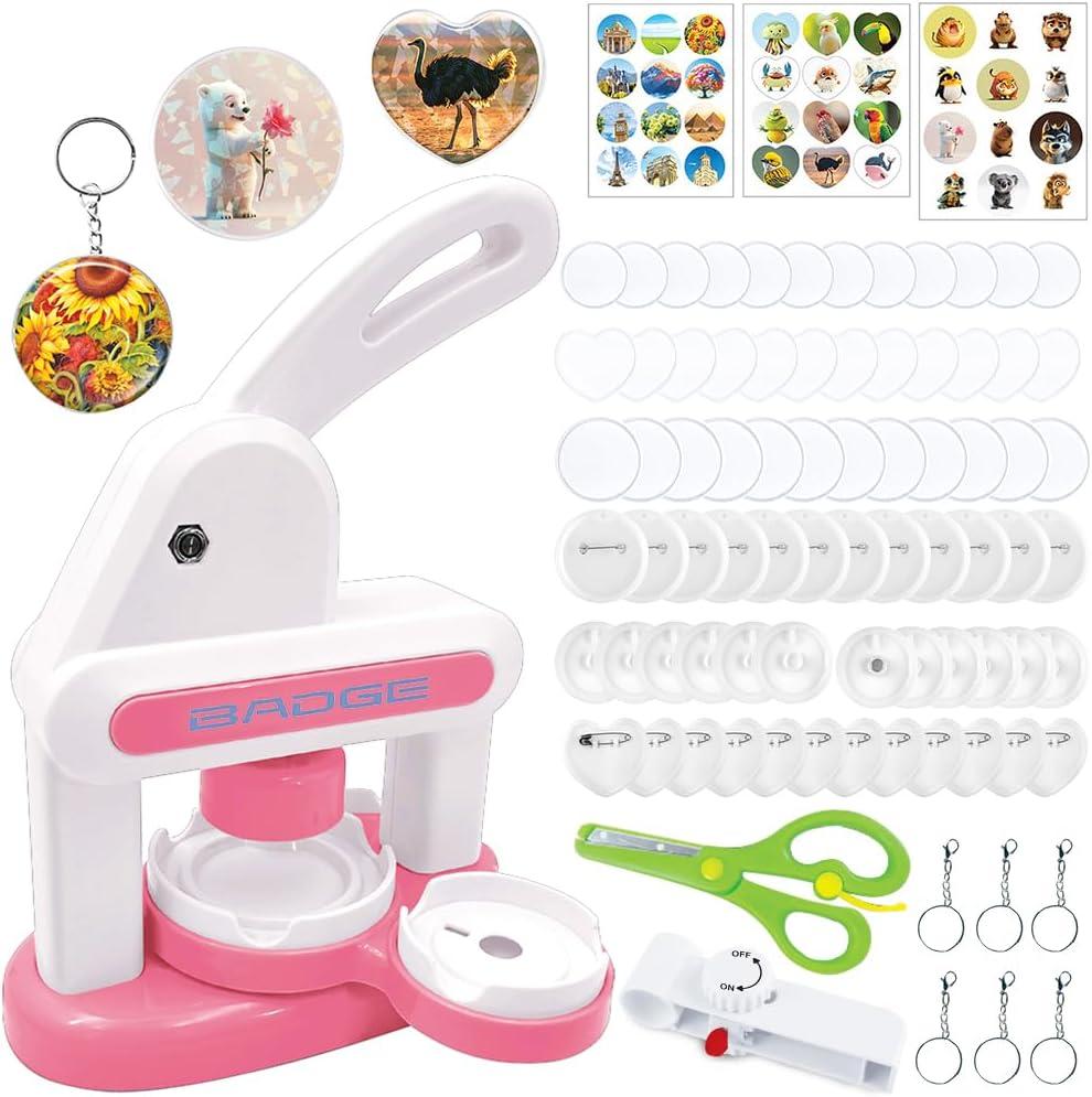 Button Maker Machine 2025 New,70Pack Pin Maker Installation-Free 55mm+35mm DIY Magnet Maker Press Machine Kit,Badge Punch Press Machine,with 36pcs Button(6 Magnet)&6 Keychain&Circle Cutter&Scissors (Pink-5th Gen)