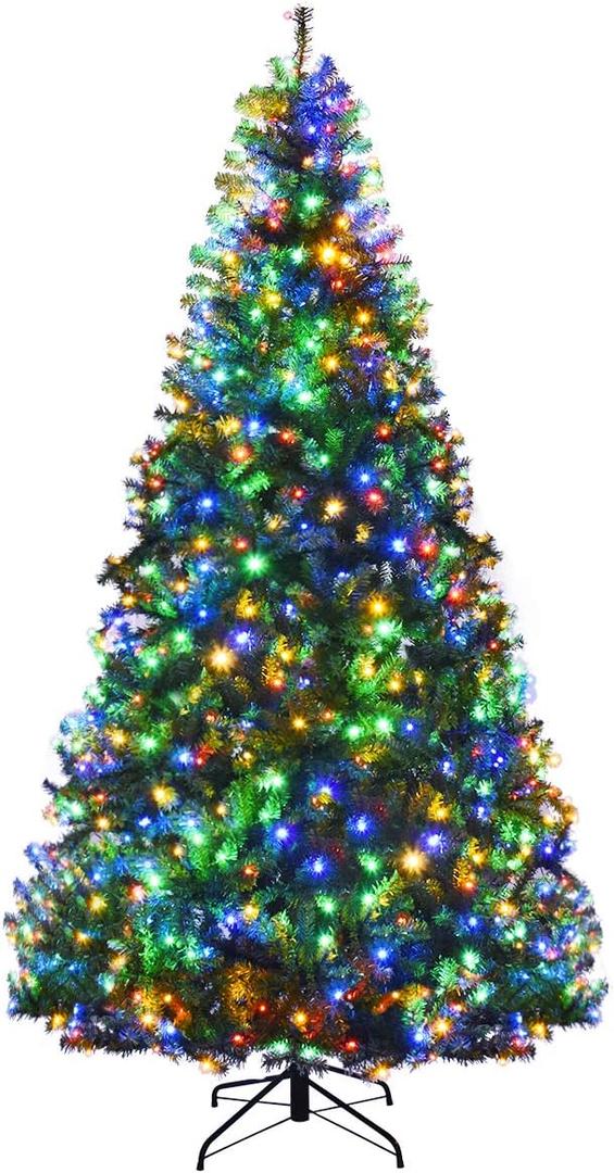 Goplus 8FT Pre-Lit Artificial Christmas Tree Auto-Spread/Close up Branches 11 Flash Modes with Multicolored 750 LED Lights & Metal Stand