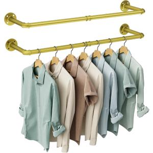 OROPY Industrial Pipe Clothes Rack Wall Mounted Set of 2, 38.4 inches Heavy Duty Iron Pipe Clothing Garment Rail, Multi-Purpose Clothing Hanging Rod for Laundry Room and Closet Storage, Gold