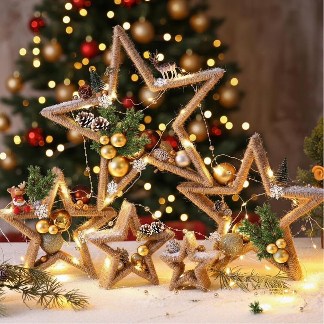 5 Pcs Farmhouse Star Table Decorations Lighted Star Wooden Table Sign Burlap Rope Boho Rustic Tabletop Centerpieces for DIY Crafts Fireplace Shelf Tiered Tray Home Decor