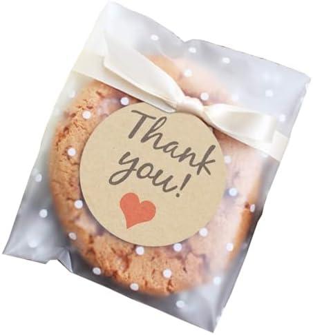 FLYTT Self Adhesive Cookie Bags, White Polka Dot Individual Resealable Cellophane Treat Bags with Thank You Stickers for Gift Giving (5.5''x5.5'', 100 Pcs)