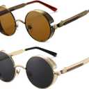 HJSTES Vintage Round Steampunk Sunglasses for Women Men Circle Gothic Glasses Retro Metal Frame (2 Pack (Brown Lens/Bronze+black Lens/Gold))