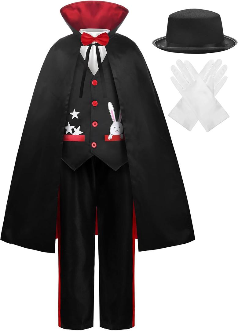 ReliBeauty Magician Costume Kids with Hat and Gloves (6-7/130, Black)