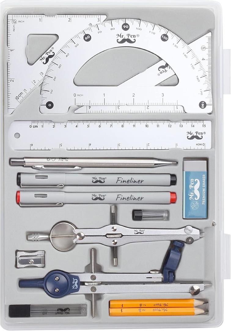 Mr. Pen- Professional Geometry Set, 15 pcs, Geometry Kit for Artists and Students, Geometry Set, Metal Rulers and Compasses, Drawing Tools, Drafting Supplies, Drafting Set, Drafting Tools and Kits (Silver)
