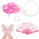 Fumwase 5 Pcs Tea Party Supplies Garden Party Gloves Hats Necklace Earrings Party Afternoon Tea Accessories Wedding for Women (Pink)