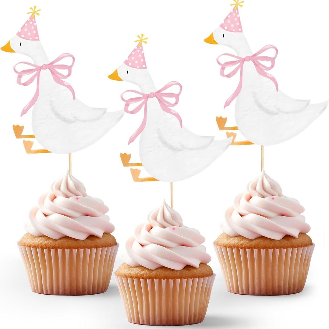Reallnaive 12 Pcs Silly Goose Themed Cupcake Toppers Funny Silly Goose Party Decoration Geese Cake Toppers for Girls Boys Baby Shower Birthday Party Supplies(Geese,Pink)