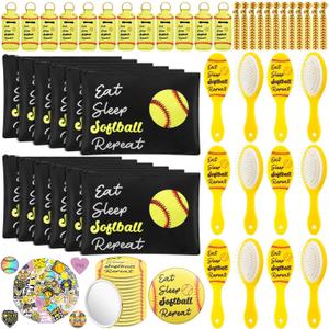Tioncy 110 Pcs Softball Party Favors Set Softball Gifts for Team Sports Accessories Include Cosmetic Bag Lipstick Holder Keychain Compact Mirror Hairbrush Scrunchie Sticker Team Party Favors