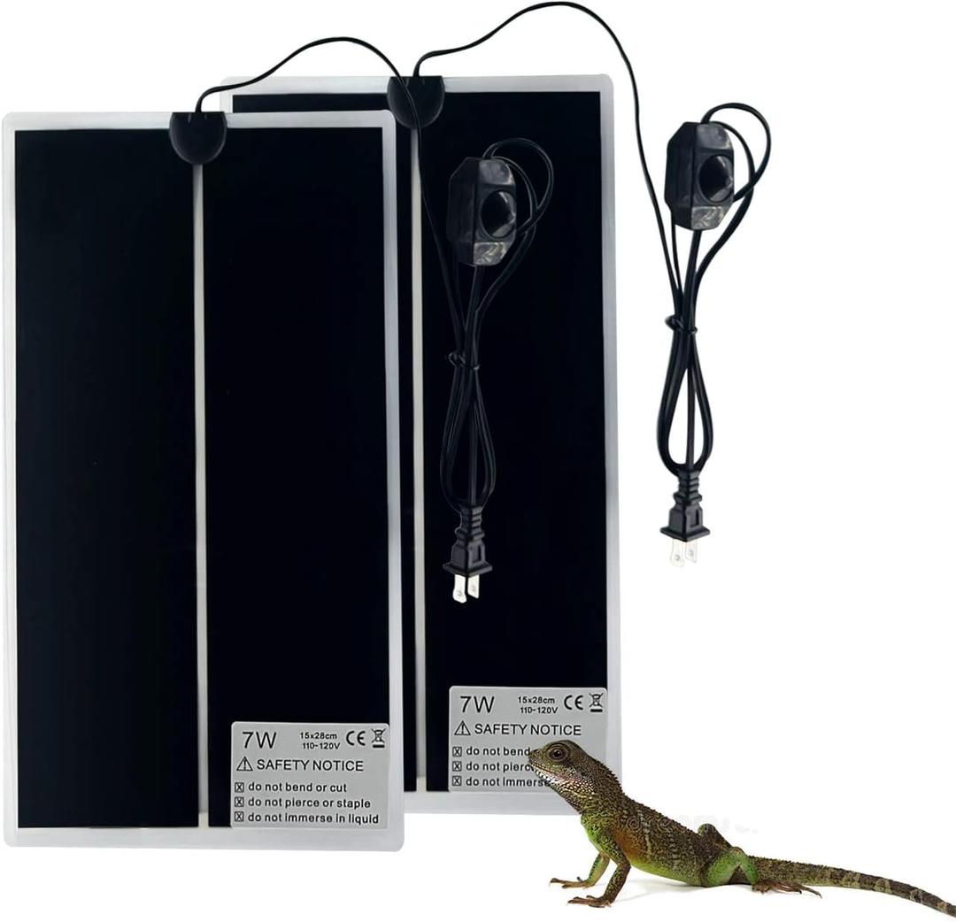 Reptile Heating Mat, 2PCS Reptile Heating Pad with Temperature Adjustment for Reptiles Tortoise Snakes Lizard Gecko Hermit Crab Amphibians - Removable Terrarium Heat Mats(7W, 6x11 inches)