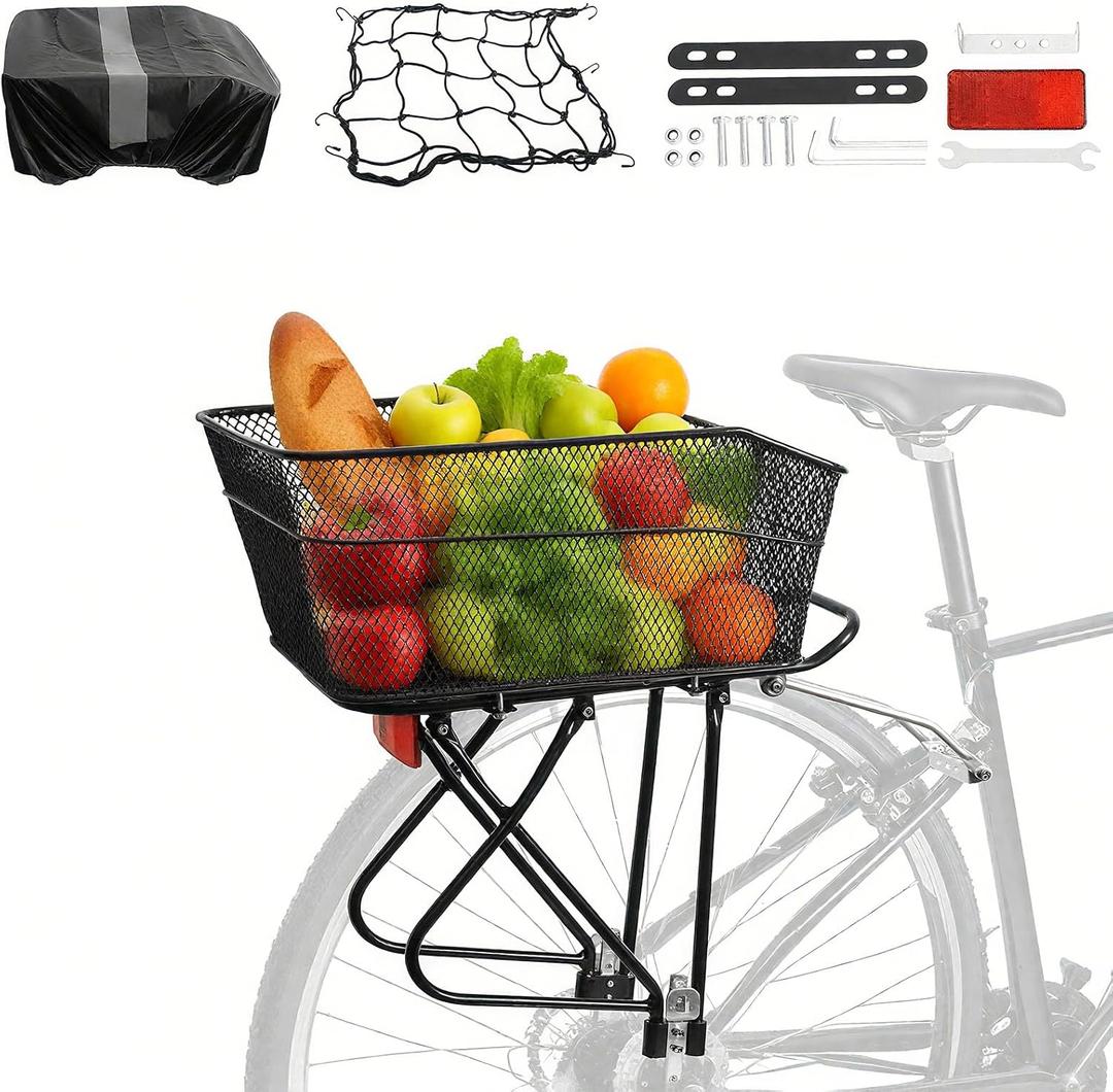 YEEGO DIRECT Rear Bike Rack with Basket, Adjustable Detachable Bike Basket Rear, Bike Cargo Rack with 26L Waterproof Cover & Cargo Net and for 24" - 27.5" and 700c Bikes