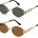 2 x STGATN 2 Packs Trendy Sunglasses for Women Retro Oval & Stylish Hexagon Gold Metal Sun Glasses UV Protection Vintage Shades