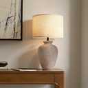 Ceramic Farmhouse Table Lamp for Living Room and Bedroom - Modern Earth Yellow Pottery Beside Lamps for Small Nightstand and Large Side Table - Rustic Round Stone Lighting Single with Beige Shade
